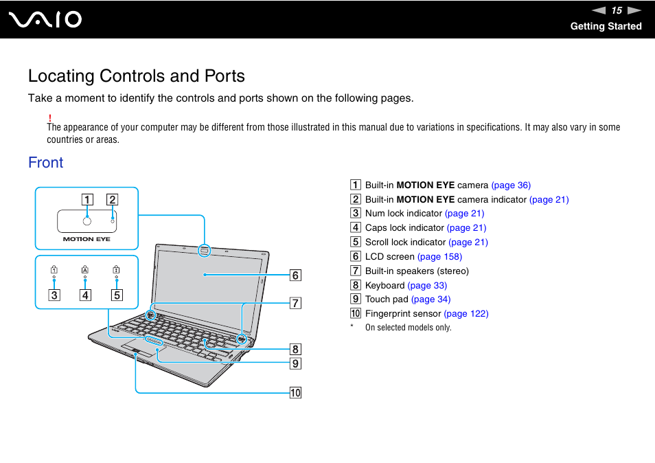 Locating controls and ports, Front | Sony VAIO VGN-Z500 Series User Manual | Page 15 / 239