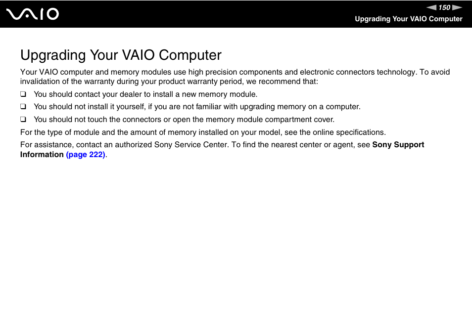 Upgrading your vaio computer | Sony VAIO VGN-Z500 Series User Manual | Page 150 / 239