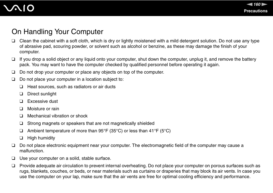 On handling your computer | Sony VAIO VGN-Z500 Series User Manual | Page 160 / 239