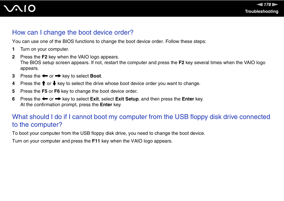 How can i change the boot device order | Sony VAIO VGN-Z500 Series User Manual | Page 178 / 239