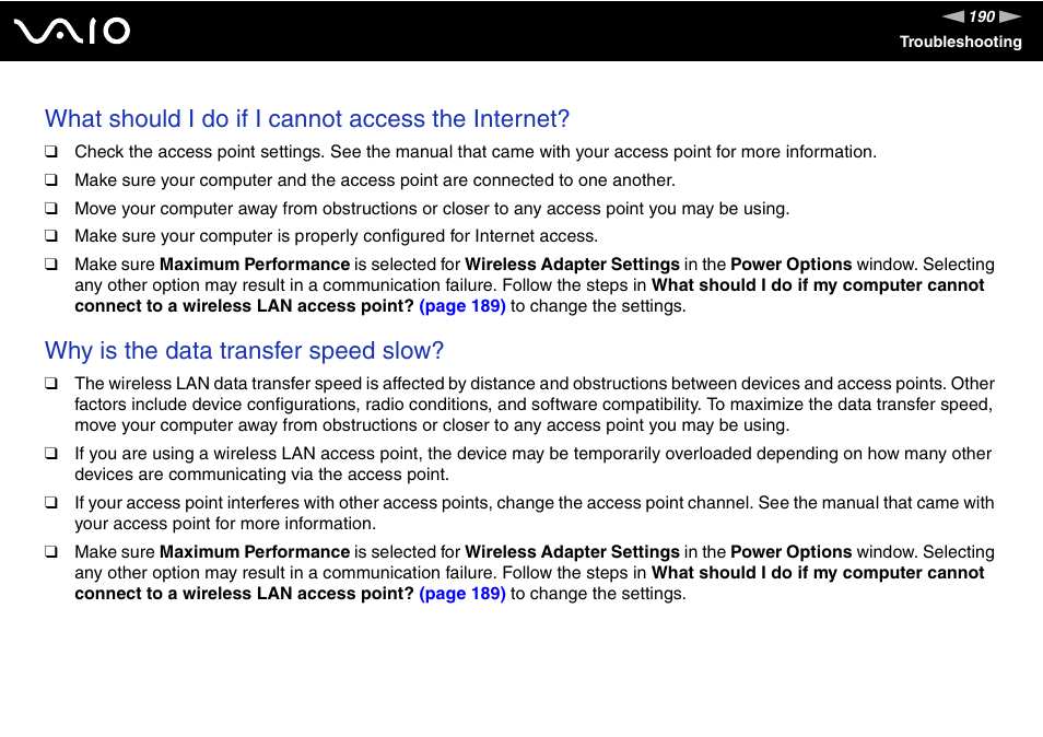 What should i do if i cannot access the internet, Why is the data transfer speed slow | Sony VAIO VGN-Z500 Series User Manual | Page 190 / 239