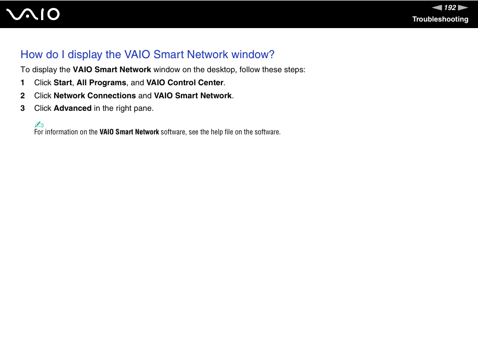 How do i display the vaio smart network window | Sony VAIO VGN-Z500 Series User Manual | Page 192 / 239