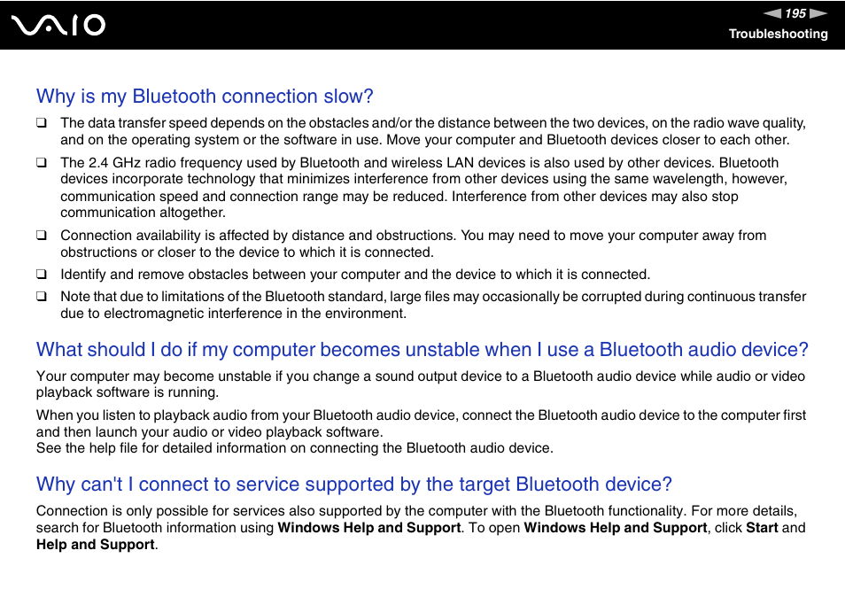 Why is my bluetooth connection slow | Sony VAIO VGN-Z500 Series User Manual | Page 195 / 239