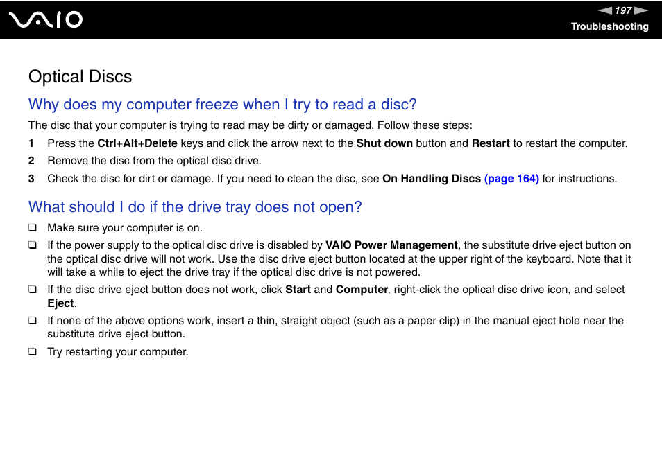 Optical discs, What should i do if the drive tray does not open | Sony VAIO VGN-Z500 Series User Manual | Page 197 / 239