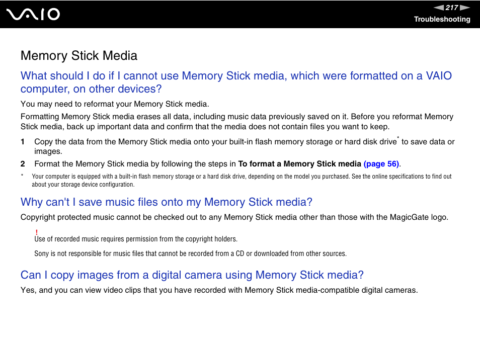 Memory stick media | Sony VAIO VGN-Z500 Series User Manual | Page 217 / 239