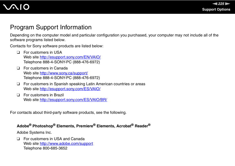 Program support information | Sony VAIO VGN-Z500 Series User Manual | Page 225 / 239