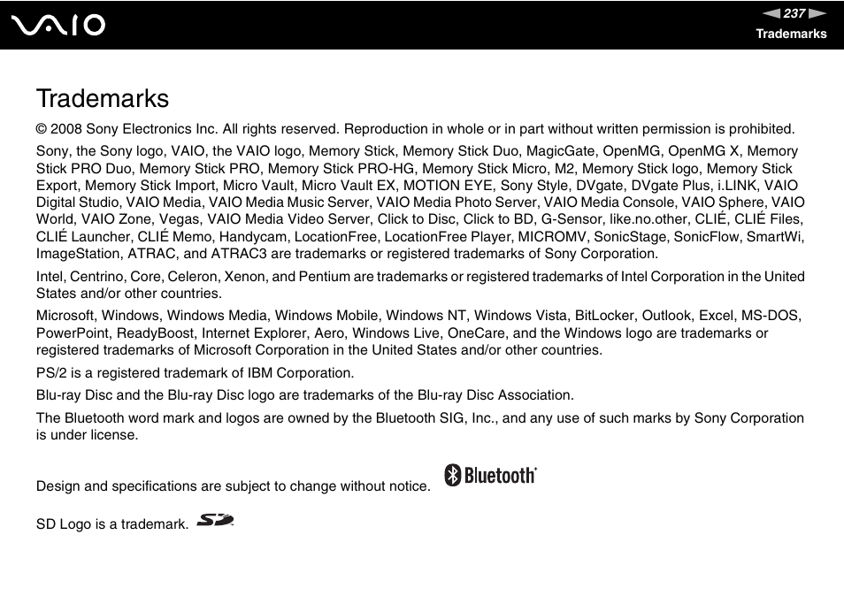 Trademarks | Sony VAIO VGN-Z500 Series User Manual | Page 237 / 239