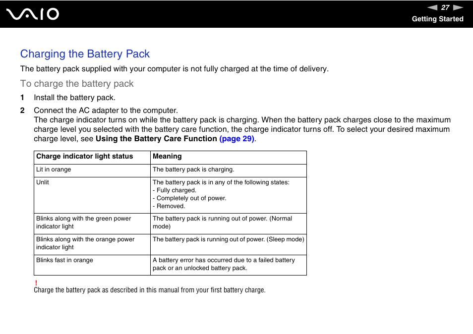 Charging the battery pack | Sony VAIO VGN-Z500 Series User Manual | Page 27 / 239