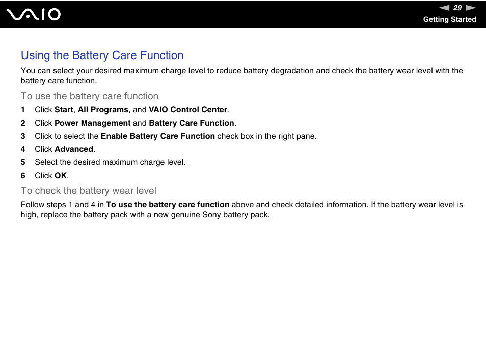 Using the battery care function | Sony VAIO VGN-Z500 Series User Manual | Page 29 / 239