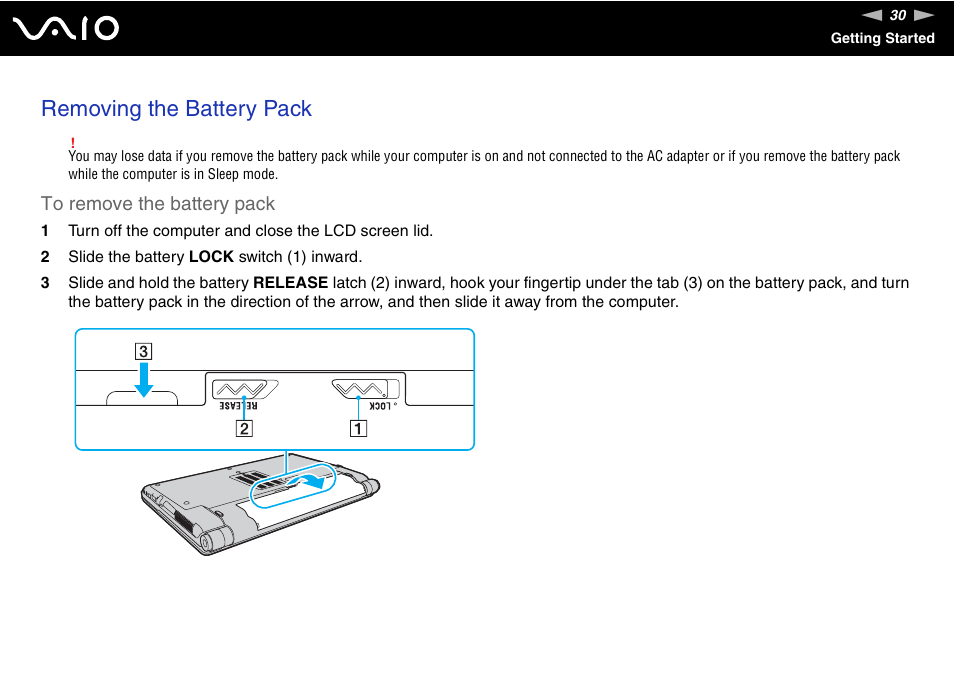 Removing the battery pack | Sony VAIO VGN-Z500 Series User Manual | Page 30 / 239