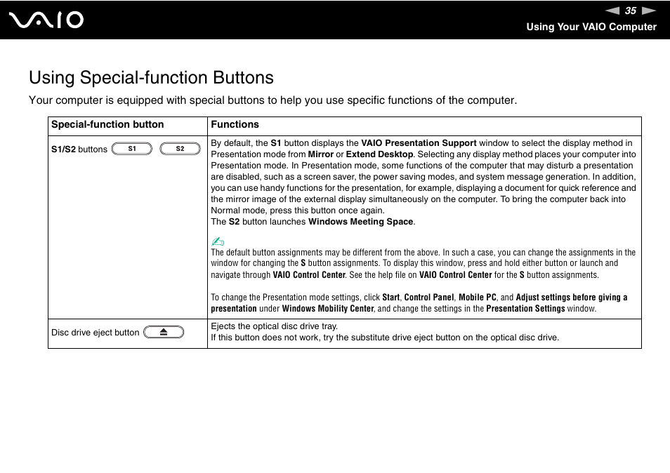 Using special-function buttons | Sony VAIO VGN-Z500 Series User Manual | Page 35 / 239