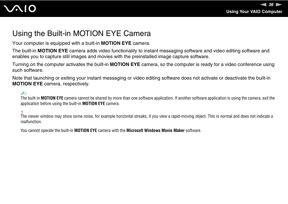 Using the built-in motion eye camera | Sony VAIO VGN-Z500 Series User Manual | Page 36 / 239