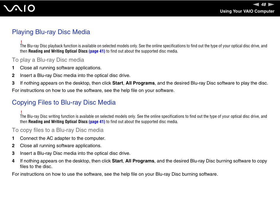 Playing blu-ray disc media, Copying files to blu-ray disc media | Sony VAIO VGN-Z500 Series User Manual | Page 48 / 239