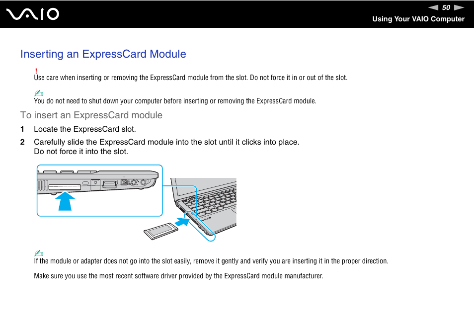 Inserting an expresscard module | Sony VAIO VGN-Z500 Series User Manual | Page 50 / 239