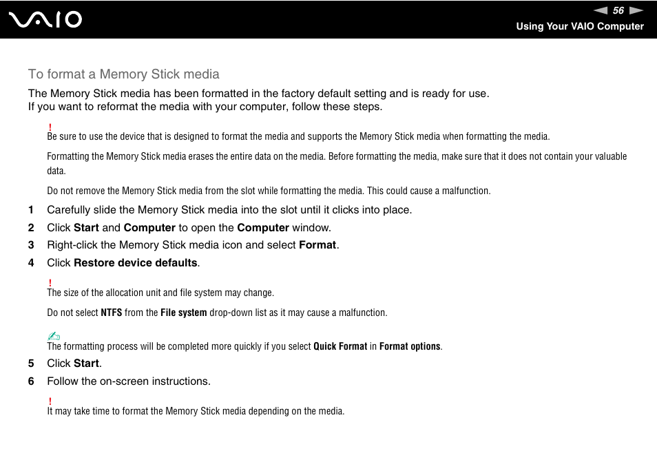 Sony VAIO VGN-Z500 Series User Manual | Page 56 / 239