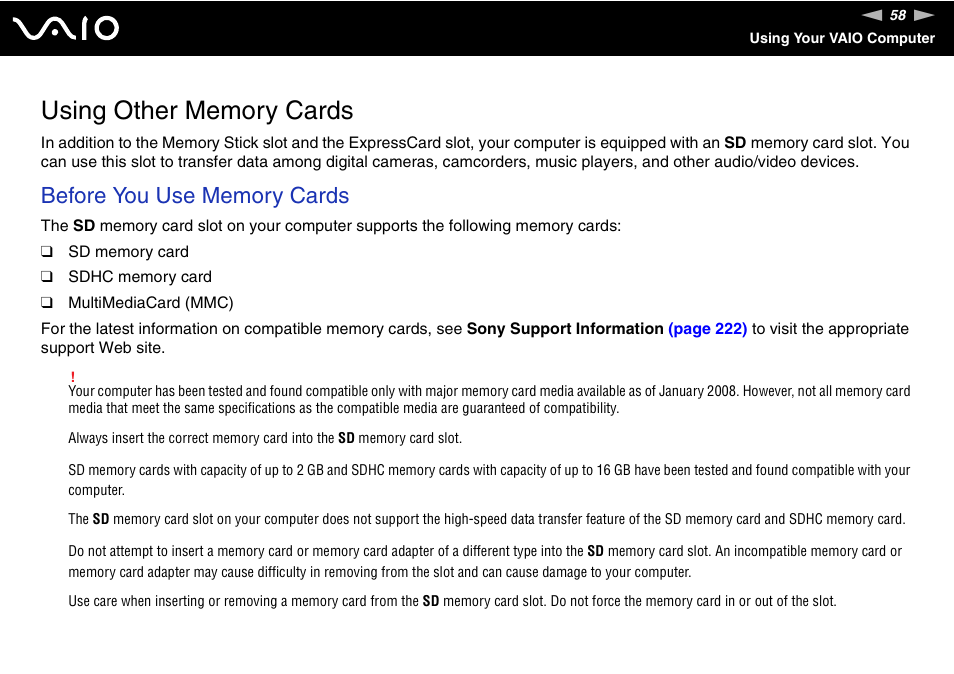 Using other memory cards | Sony VAIO VGN-Z500 Series User Manual | Page 58 / 239