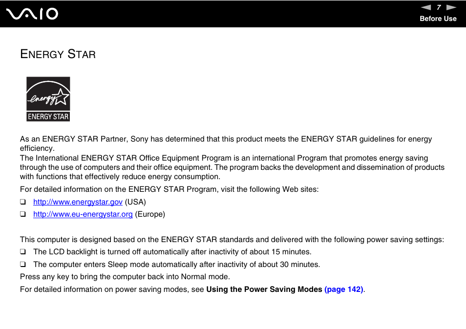 Energy star, Nergy | Sony VAIO VGN-Z500 Series User Manual | Page 7 / 239