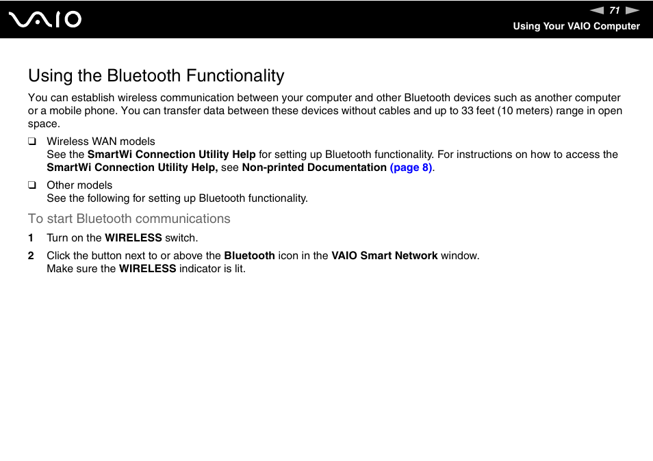 Using the bluetooth functionality | Sony VAIO VGN-Z500 Series User Manual | Page 71 / 239