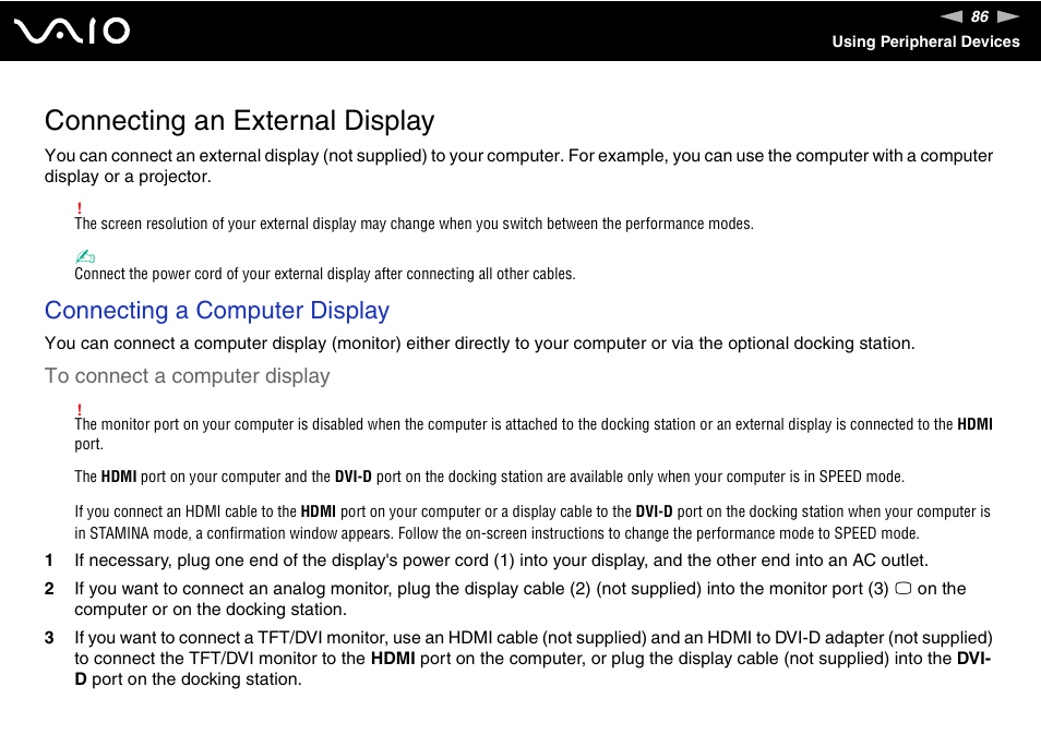 Connecting an external display, Connecting a computer display | Sony VAIO VGN-Z500 Series User Manual | Page 86 / 239