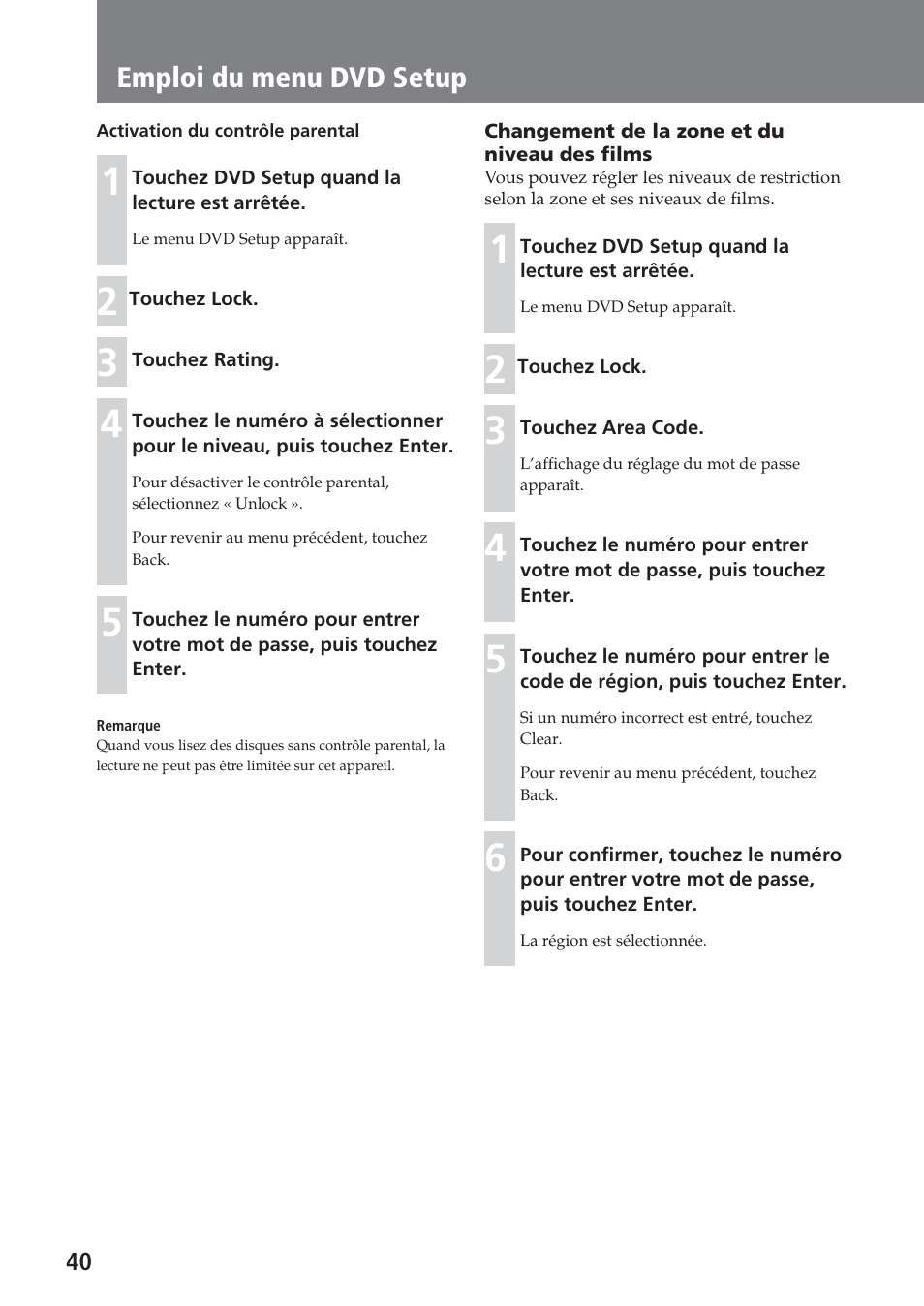 Emploi du menu dvd setup | Sony XAV-A1 User Manual | Page 100 / 184