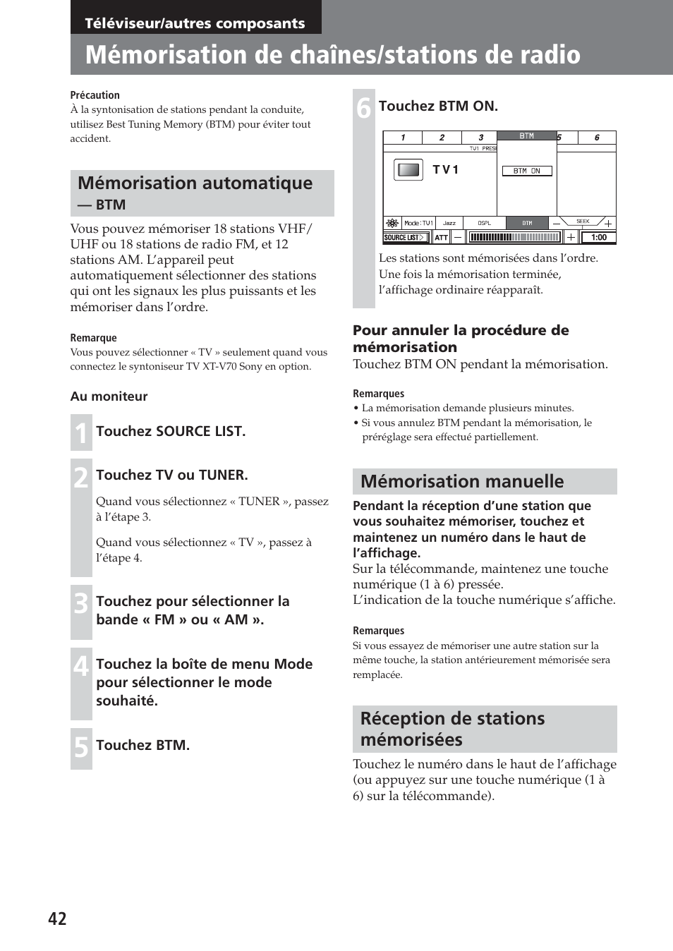 Téléviseur/autres composants, Mémorisation de chaînes/stations de radio, Mémorisation automatique — btm | Mémorisation manuelle, Réception de stations mémorisées | Sony XAV-A1 User Manual | Page 102 / 184