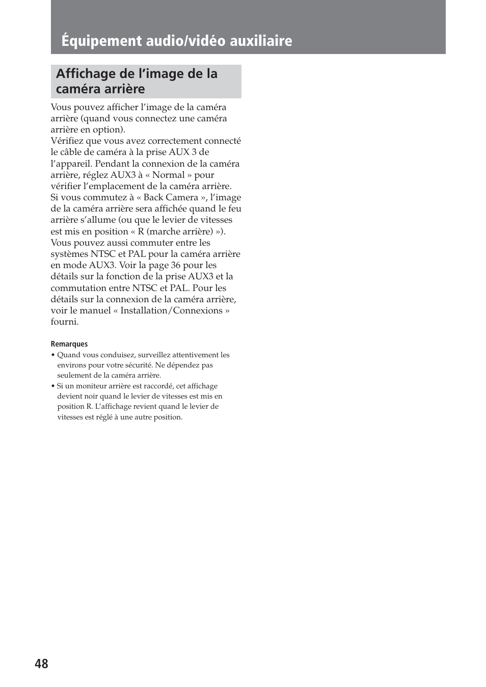 Affichage de l’image de la caméra arrière, Équipement audio/vidéo auxiliaire, 48 affichage de l’image de la caméra arrière | Sony XAV-A1 User Manual | Page 108 / 184