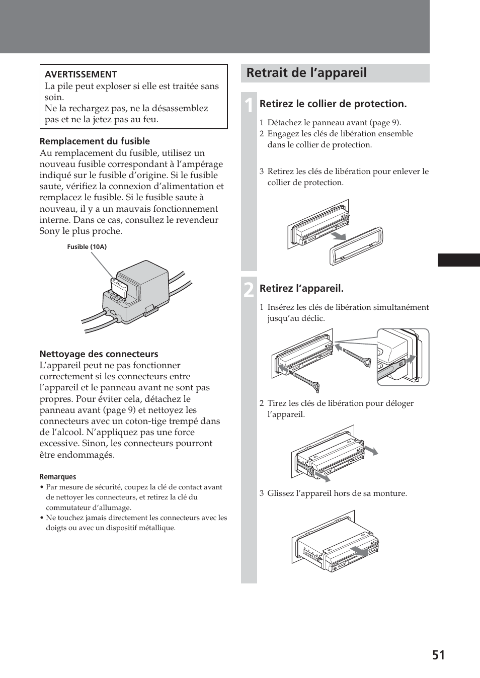 Retrait de l’appareil | Sony XAV-A1 User Manual | Page 111 / 184