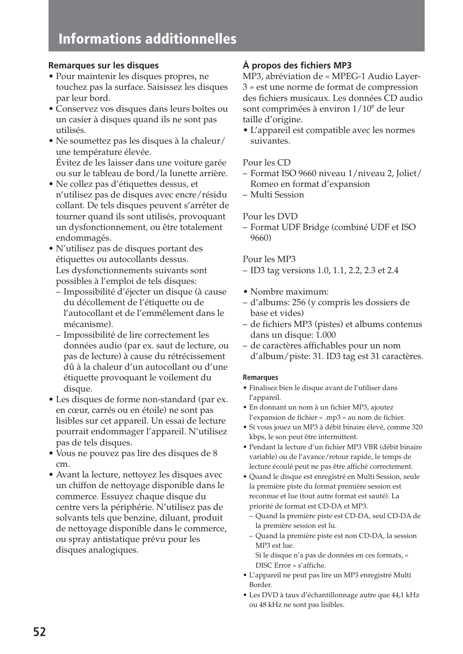 Informations additionnelles | Sony XAV-A1 User Manual | Page 112 / 184