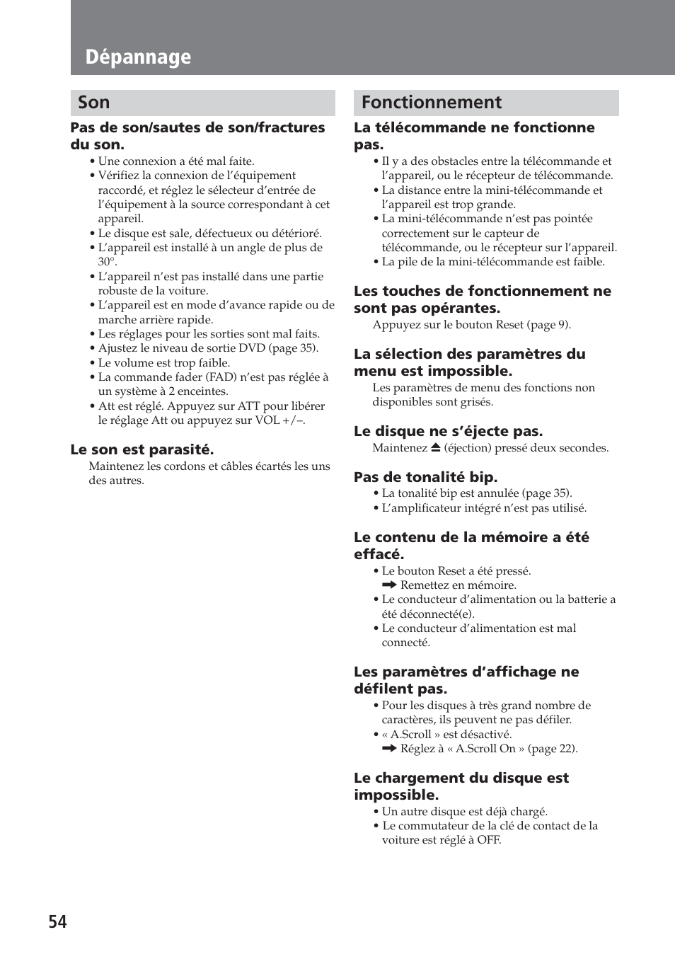 Fonctionnement, Dépannage | Sony XAV-A1 User Manual | Page 114 / 184