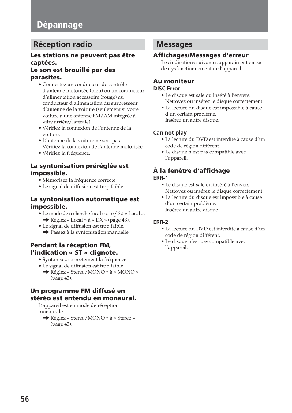 Réception radio, Messages, Dépannage | 56 messages | Sony XAV-A1 User Manual | Page 116 / 184