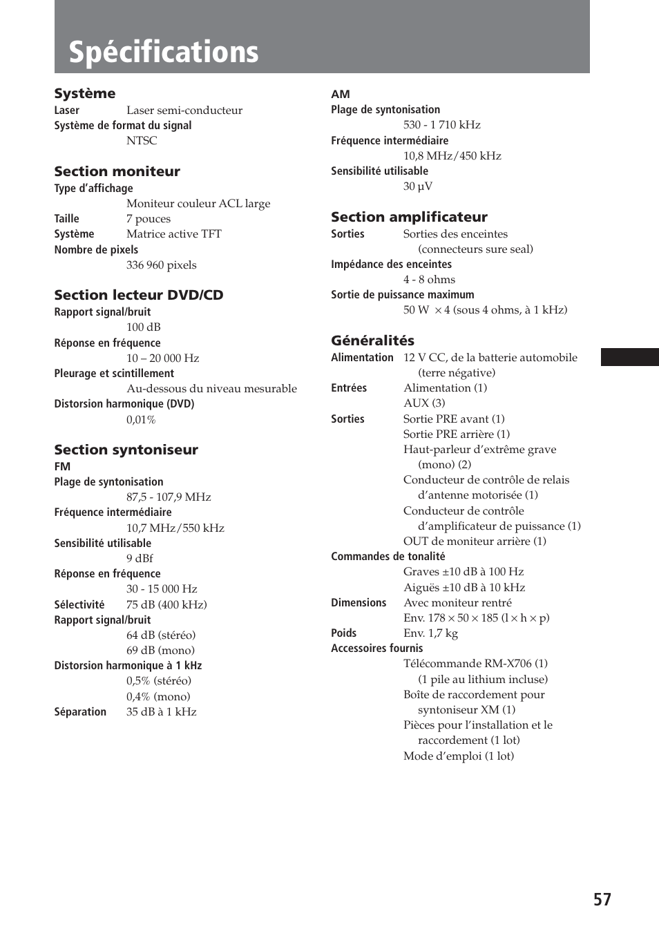 Spécifications | Sony XAV-A1 User Manual | Page 117 / 184
