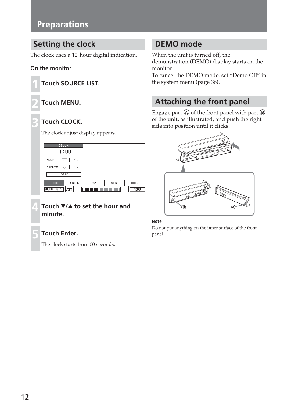 Setting the clock, Demo mode, Attaching the front panel | Preparations | Sony XAV-A1 User Manual | Page 12 / 184