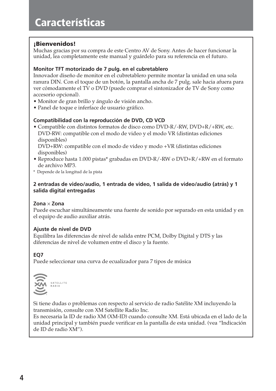 Características | Sony XAV-A1 User Manual | Page 124 / 184