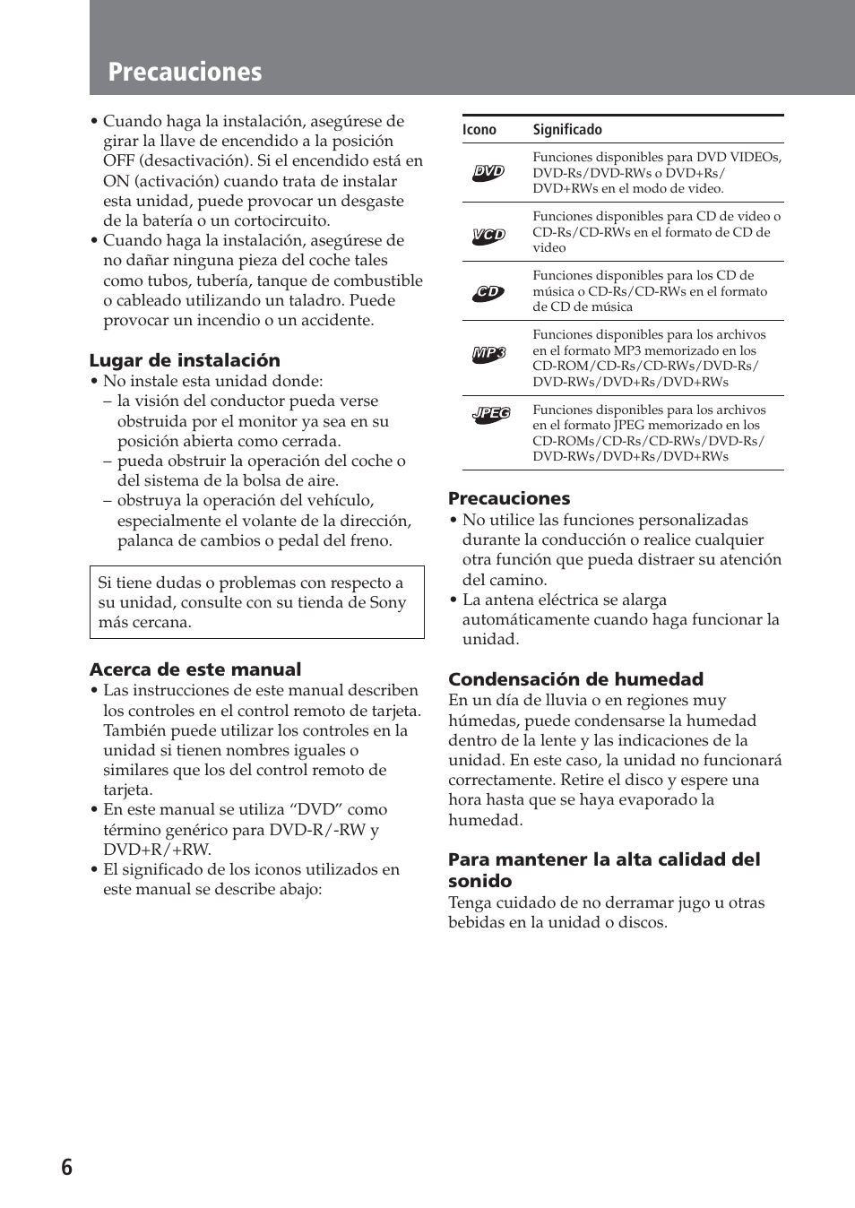 Precauciones | Sony XAV-A1 User Manual | Page 126 / 184