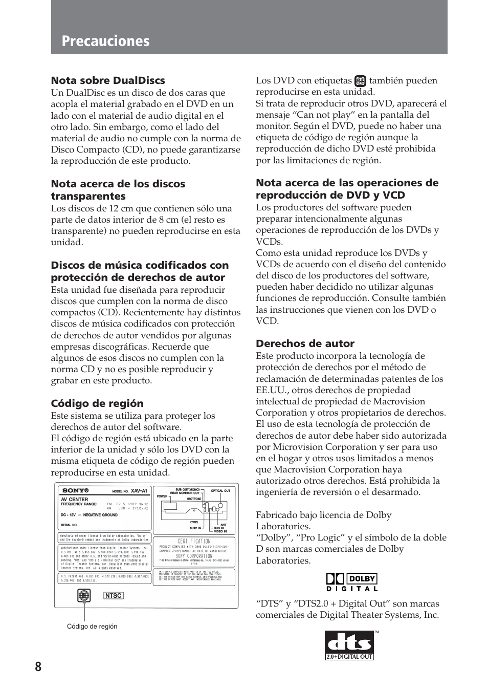 Precauciones | Sony XAV-A1 User Manual | Page 128 / 184