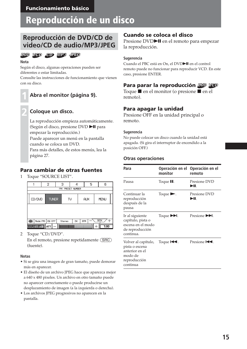 Funcionamiento básico, Reproducción de un disco | Sony XAV-A1 User Manual | Page 135 / 184