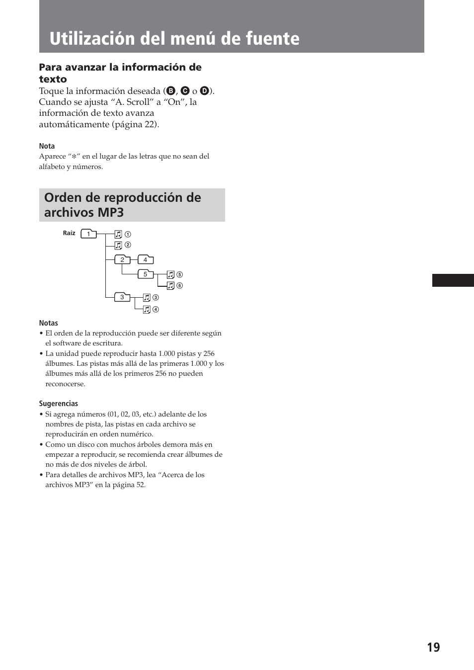 Utilización del menú de fuente, Orden de reproducción de archivos mp3, Para avanzar la información de texto | Sony XAV-A1 User Manual | Page 139 / 184