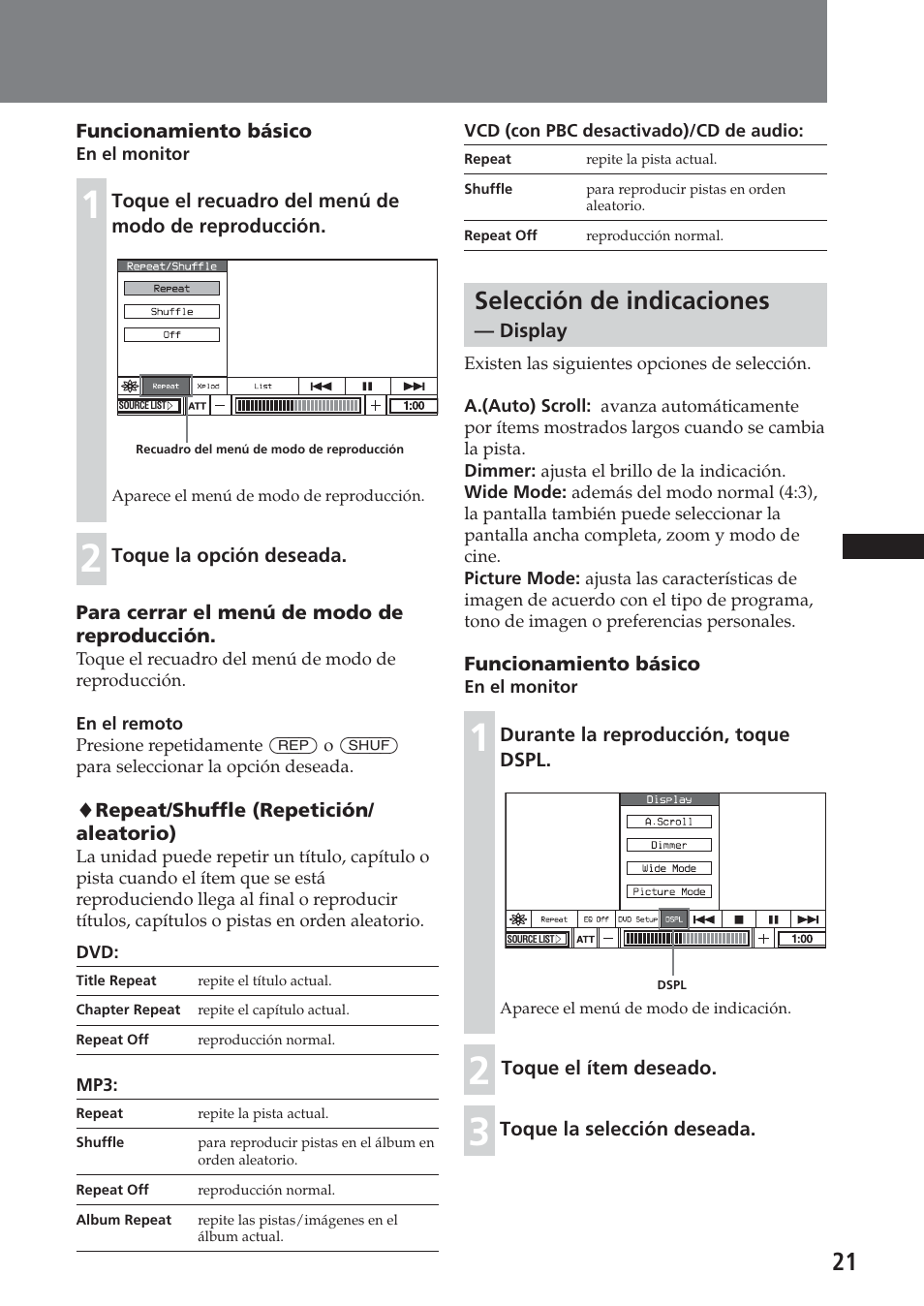 Selección de indicaciones — display, Selección de indicaciones | Sony XAV-A1 User Manual | Page 141 / 184