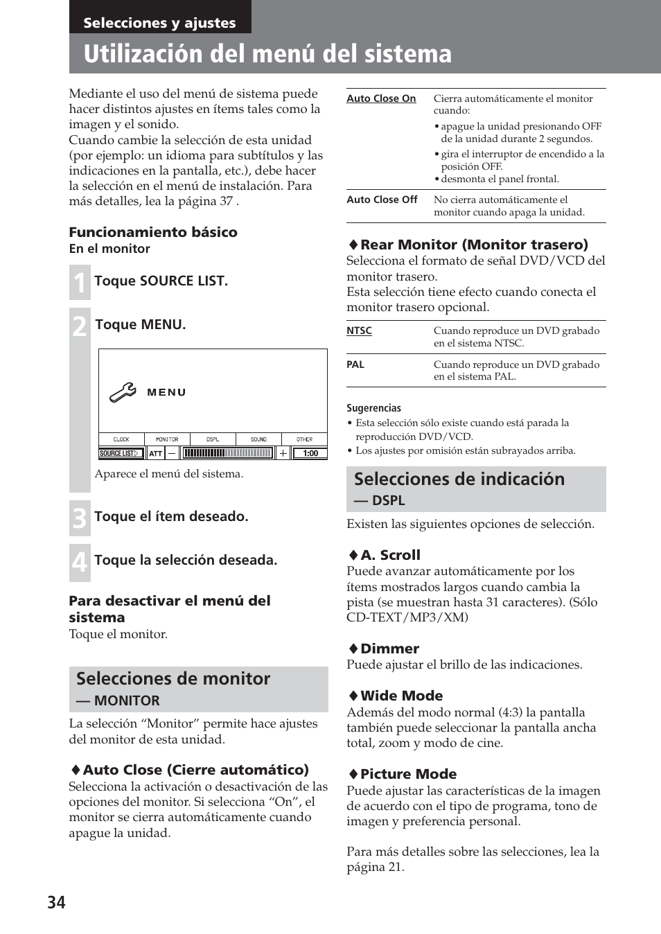 Selecciones y ajustes, Utilización del menú del sistema, Selecciones de monitor — monitor | Selecciones de indicación — dspl, Selecciones de monitor, Selecciones de indicación | Sony XAV-A1 User Manual | Page 154 / 184