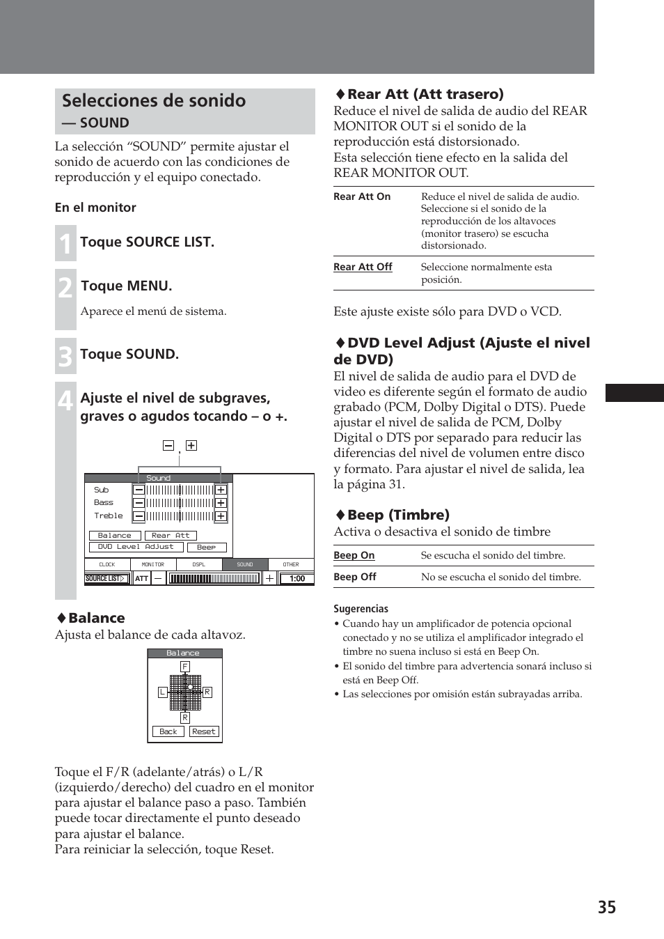 Selecciones de sonido — sound, 35 selecciones de sonido, Sound | Toque source list, Toque menu, Toque sound, Balance, Rear att (att trasero), Dvd level adjust (ajuste el nivel de dvd), Beep (timbre) | Sony XAV-A1 User Manual | Page 155 / 184
