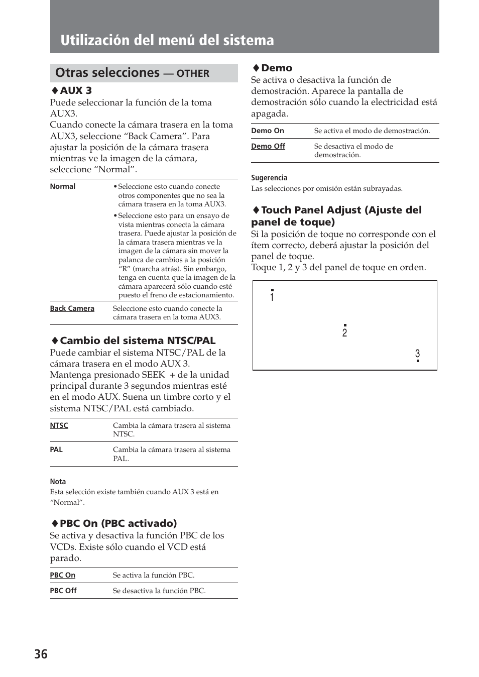 Otras selecciones — other, Utilización del menú del sistema, 36 otras selecciones | Sony XAV-A1 User Manual | Page 156 / 184