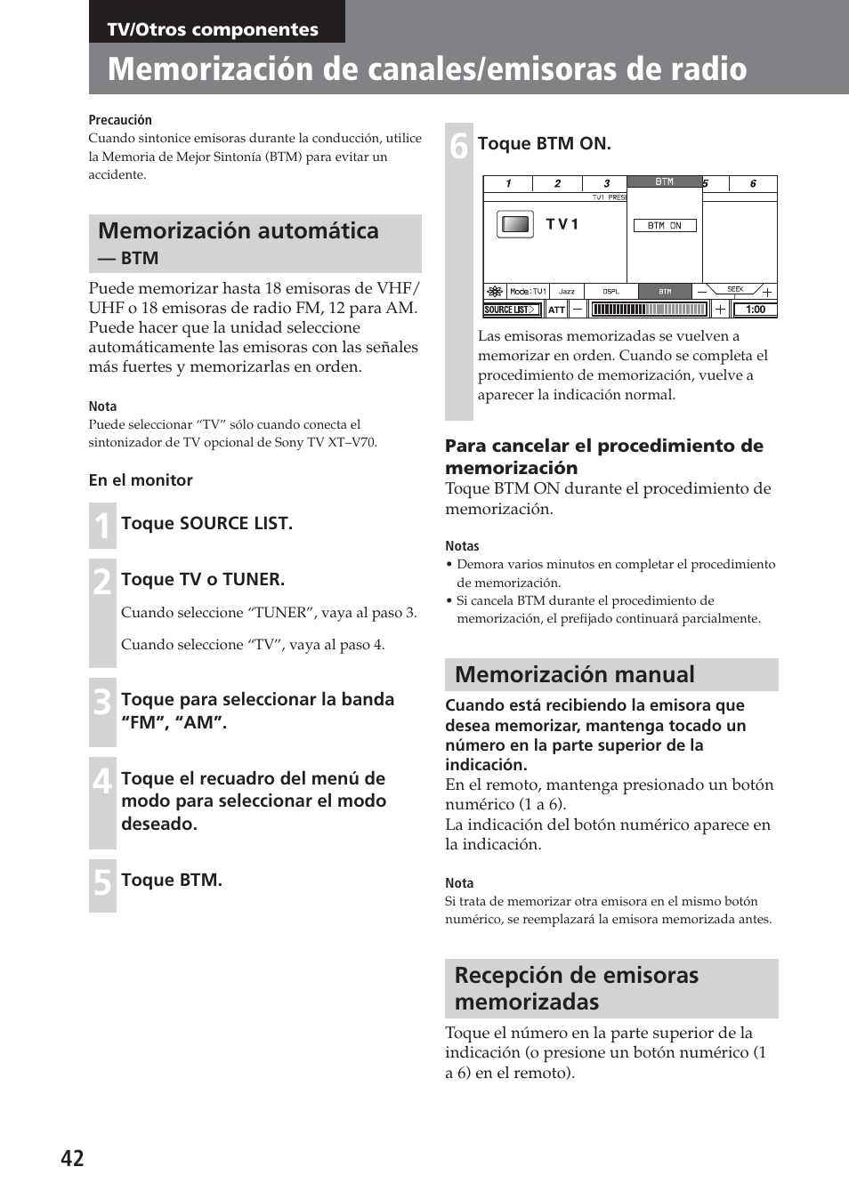Tv/otros componentes, Memorización de canales/emisoras de radio, Memorización automática — btm | Memorización manual, Recepción de emisoras memorizadas | Sony XAV-A1 User Manual | Page 162 / 184