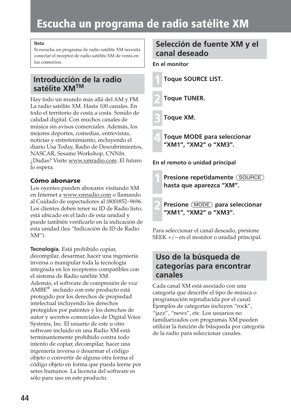 Escucha un programa de radio satélite xm, Introducción de la radio satélite xm, Selección de fuente xm y el canal deseado | Sony XAV-A1 User Manual | Page 164 / 184