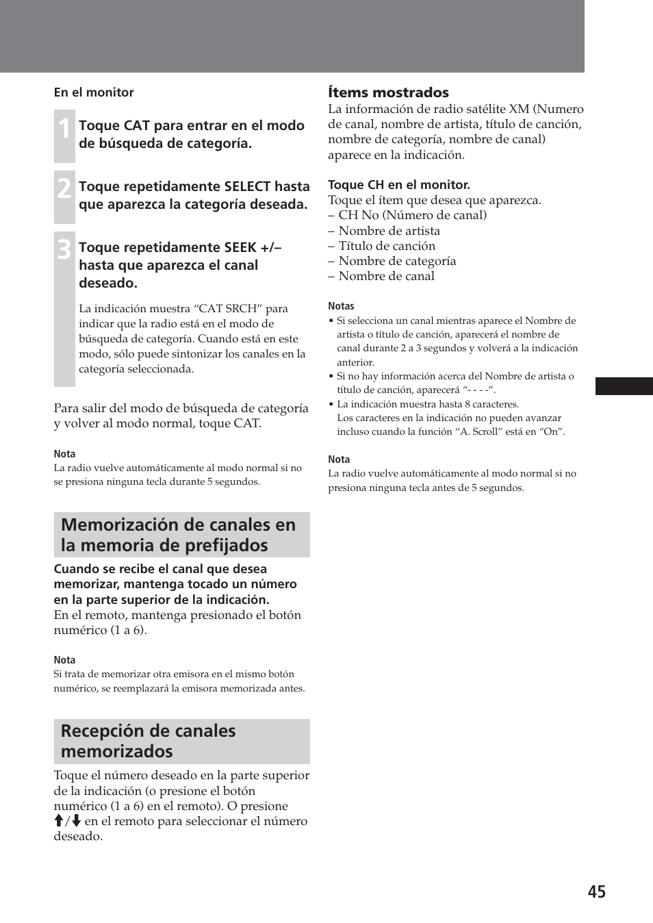 Recepción de canales memorizados | Sony XAV-A1 User Manual | Page 165 / 184