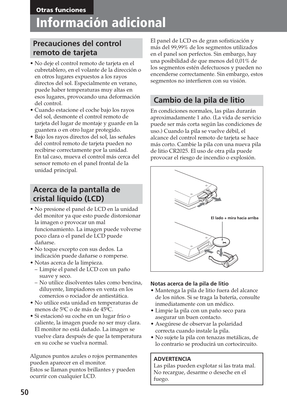 Otras funciones, Información adicional, Precauciones del control remoto de tarjeta | Acerca de la pantalla de cristal líquido (lcd), Cambio de la pila de litio | Sony XAV-A1 User Manual | Page 170 / 184