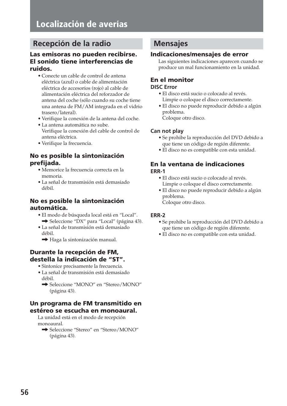 Recepción de la radio, Mensajes, Localización de averías | Sony XAV-A1 User Manual | Page 176 / 184