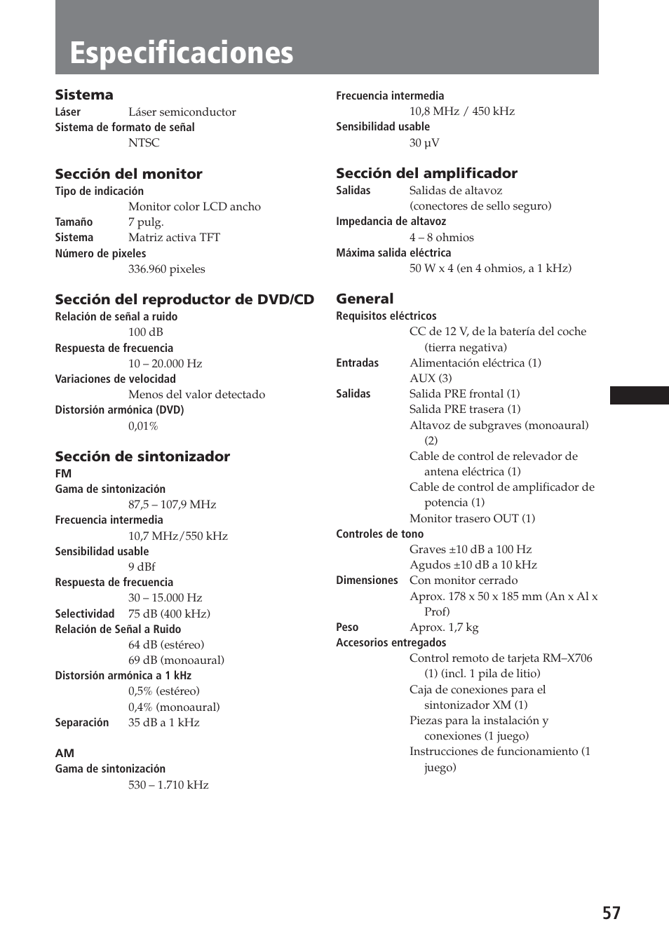 Especificaciones | Sony XAV-A1 User Manual | Page 177 / 184