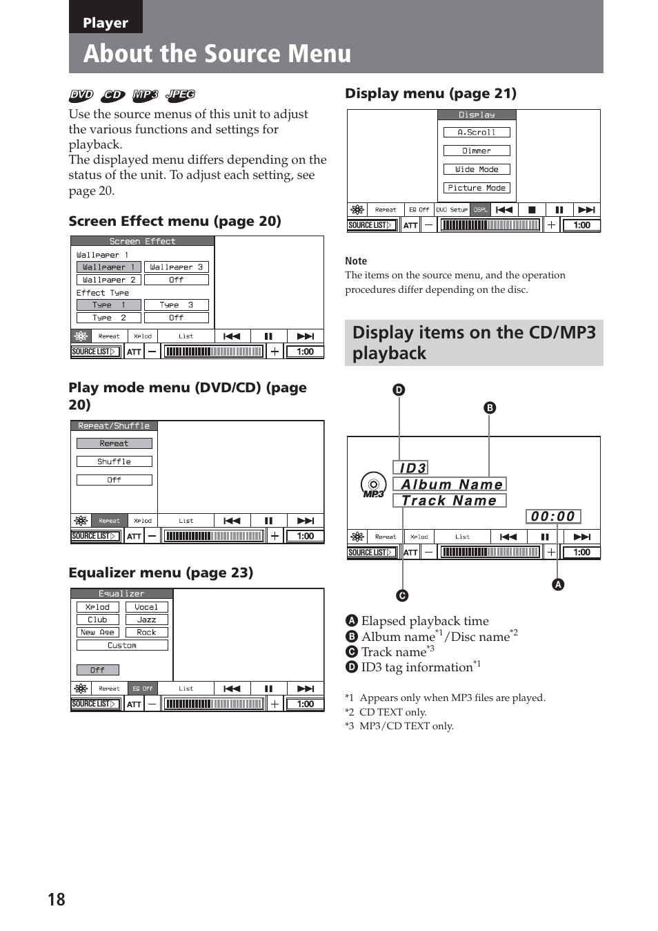 Player, About the source menu, Display items on the cd/mp3 playback | Sony XAV-A1 User Manual | Page 18 / 184