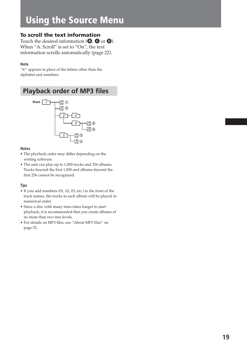 Using the source menu, Playback order of mp3 files | Sony XAV-A1 User Manual | Page 19 / 184