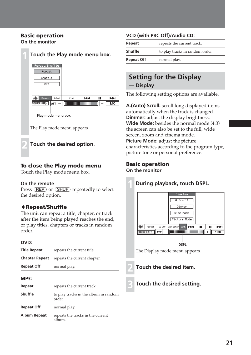 Setting for the display — display, Setting for the display | Sony XAV-A1 User Manual | Page 21 / 184